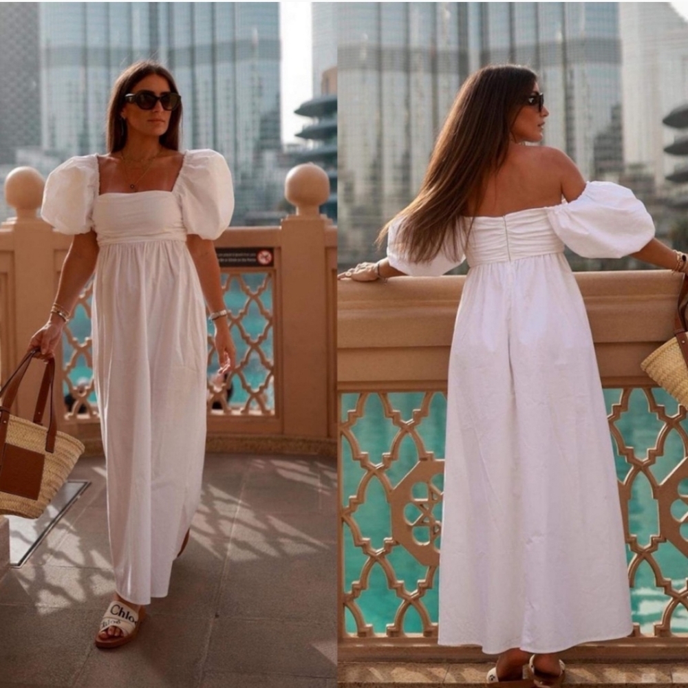 Zara White Puff-Sleeve Midi Dress - Picture 2 of 16